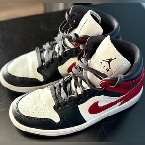Nike Air Jordan 1 Mid Women’s Athletic Sneaker in Black, White, and Red Size 8